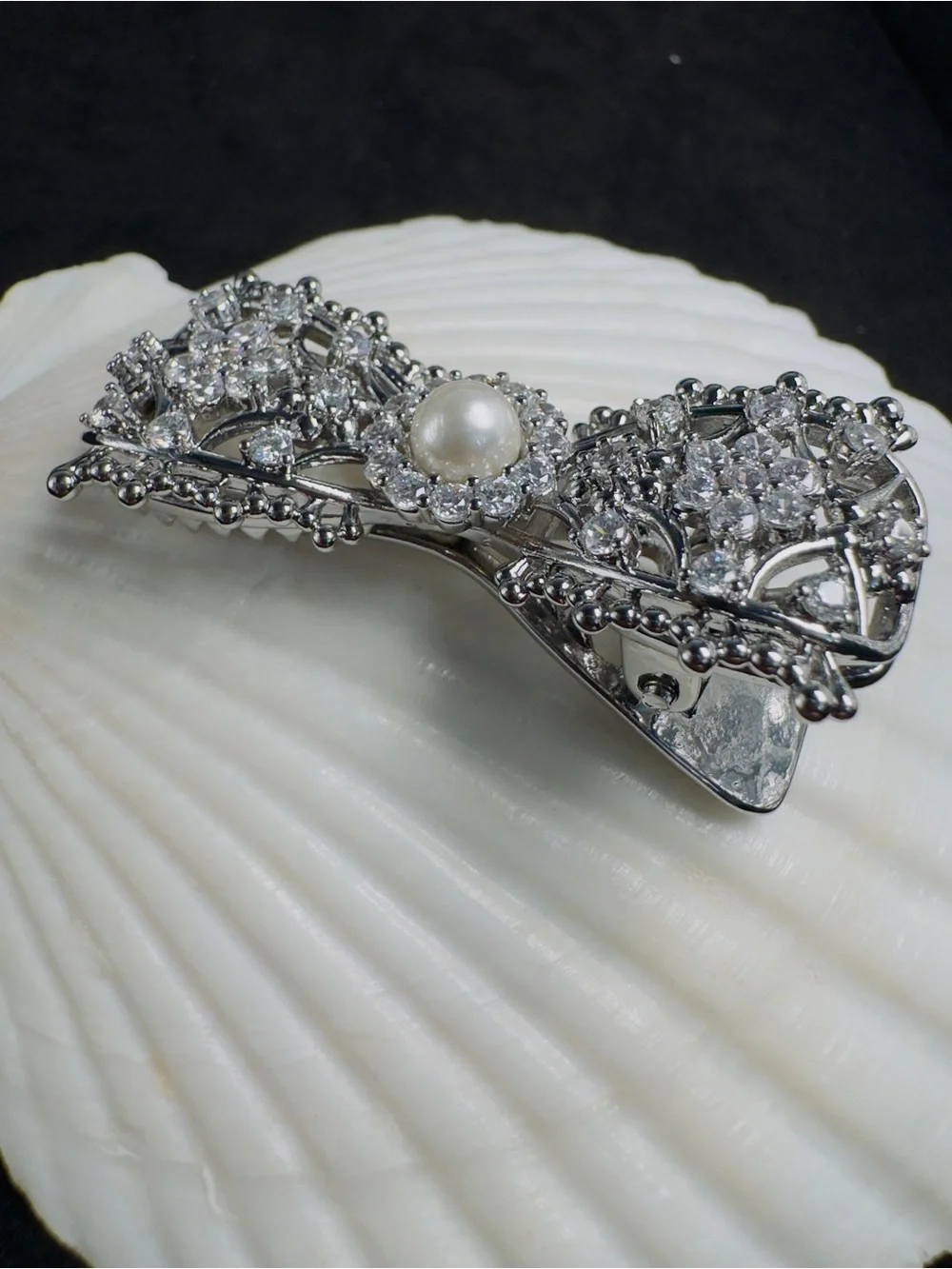 Silver Pearl & Crystal Bow Hair Clip- Women's Jewelry